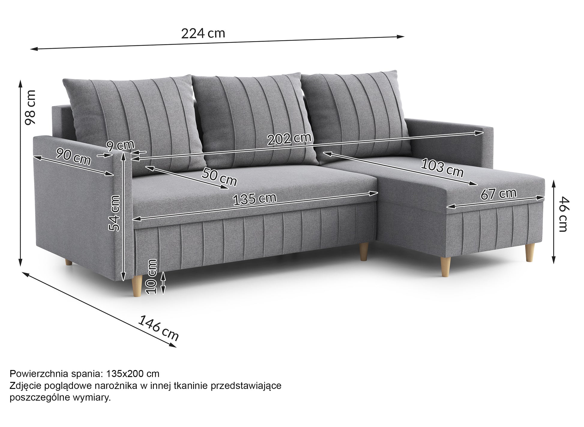 Rysunek wymiarowy - Narożnik Morpreses ciemnoszary welur: szerokość 224 cm, głębokość 146 cm, wysokość 98 cm
