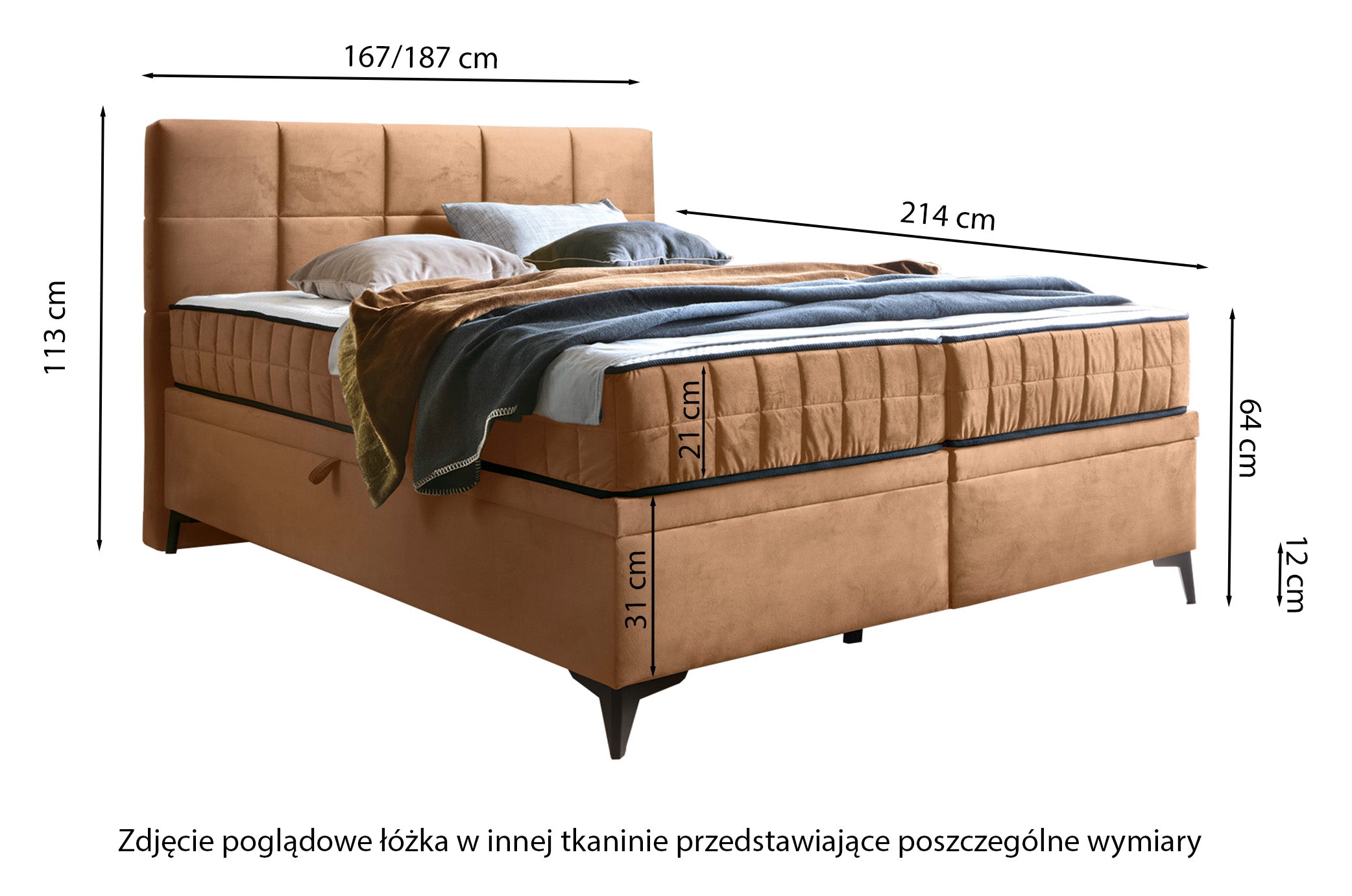 Łóżko kontynentalne 180x200 cm Beriano z pojemnikami i materacem granatowe welur