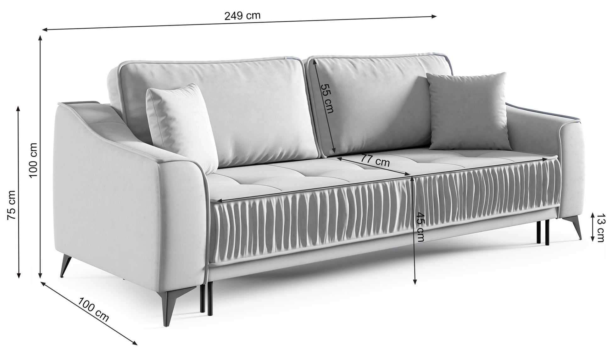 Rysunek wymiarowy - Kanapa rozkładana Louisos szara hydrofobowa: szerokość 249 cm, głębokość 100 cm, wysokość 100 cm
