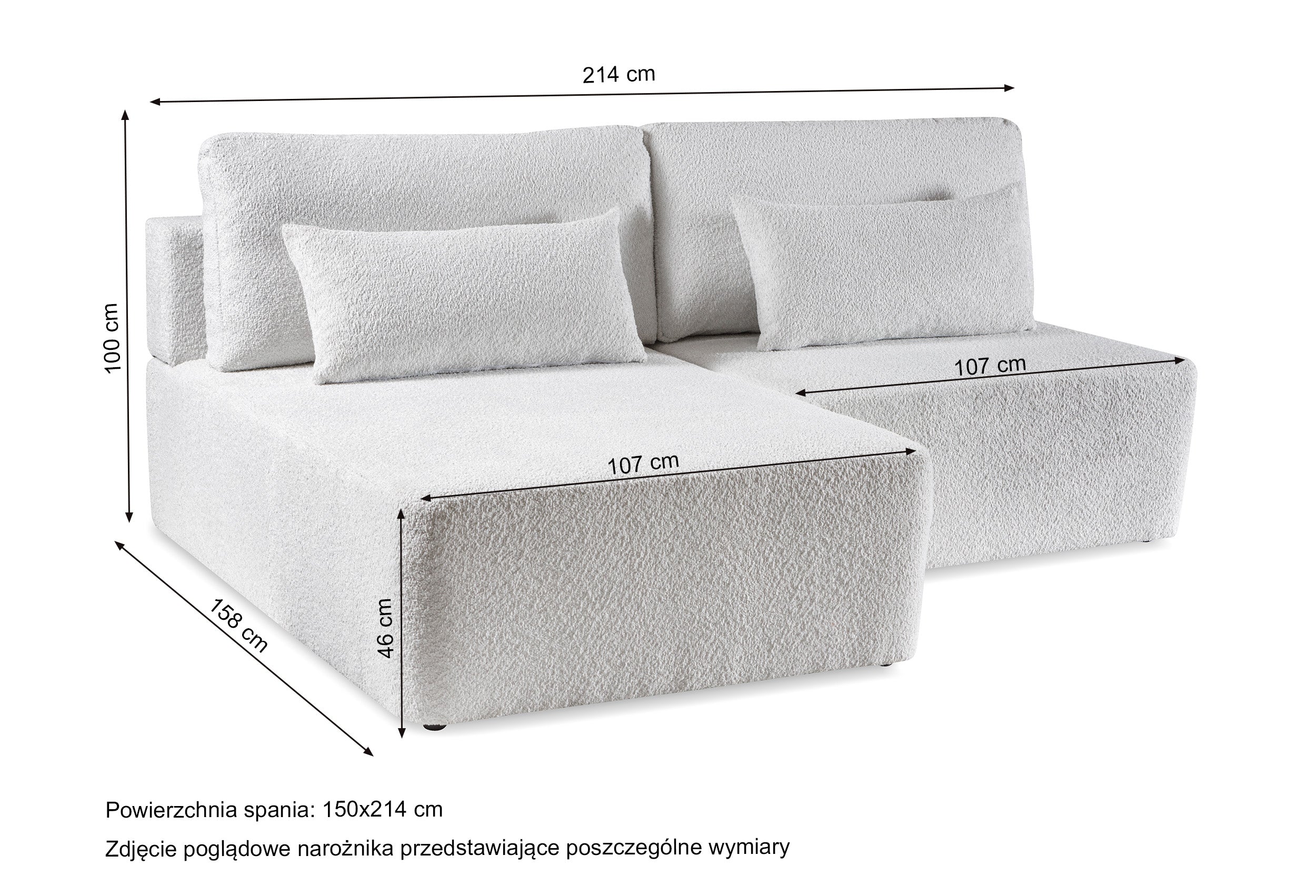 Rysunek wymiarowy - Narożnik Moduliano ciemnobeżowy boucle: szerokość 214 cm, głębokość 158 cm, wysokość 100 cm