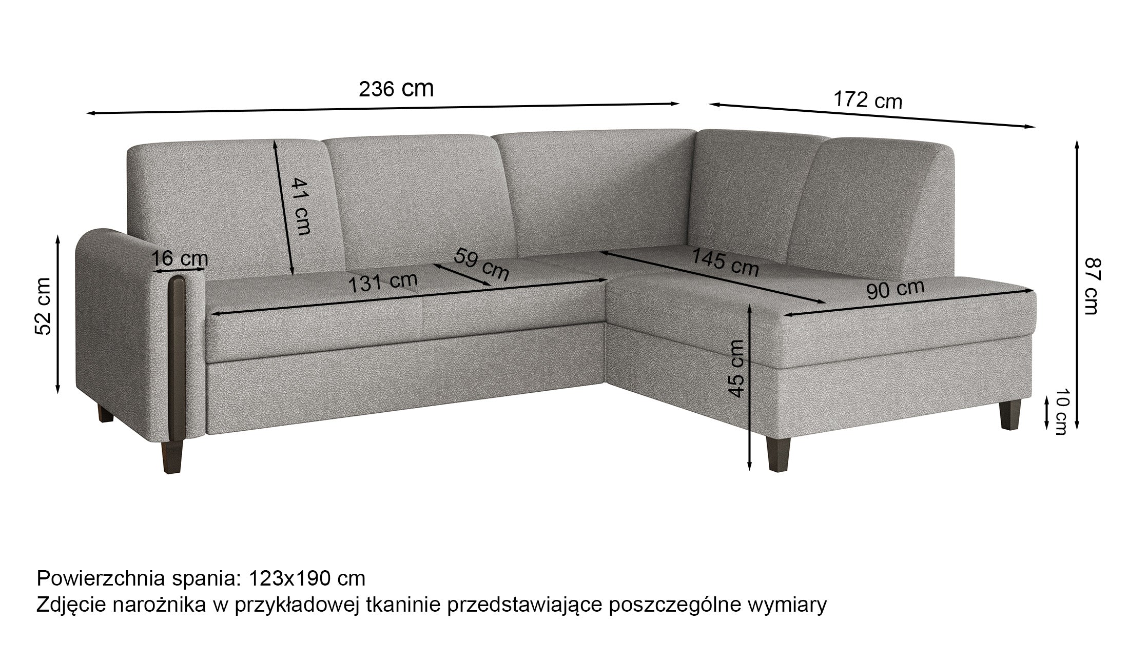 Rysunek wymiarowy - Narożnik Majla prawostronny z pojemnikiem miedziany: szerokość 236 cm, głębokość 172 cm, wysokość 87 cm