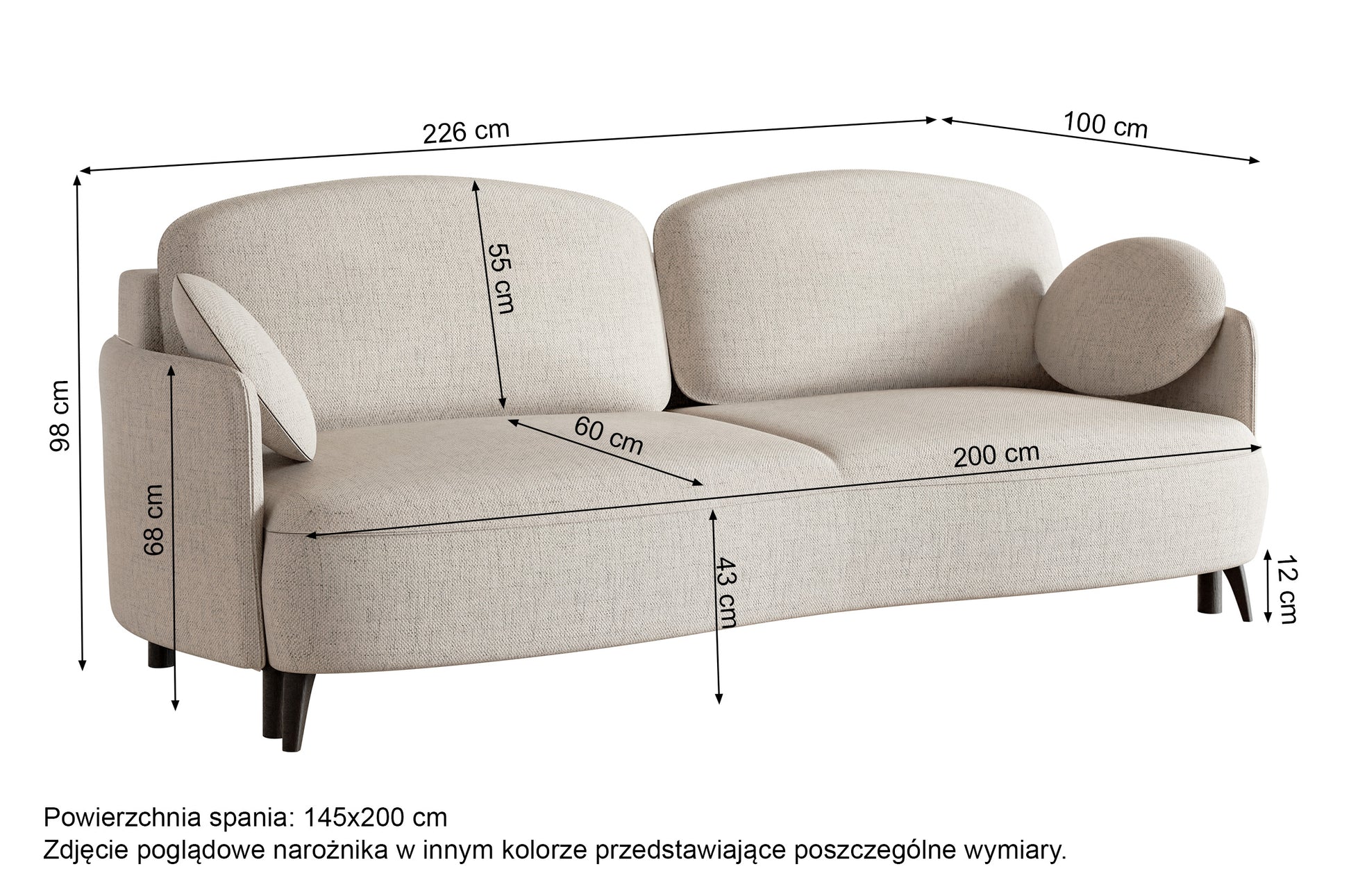 Rysunek wymiarowy - Kanapa rozkładana Raviolo szara szenil hydrofobowy: szerokość 226 cm, głębokość 100 cm, wysokość 98 cm