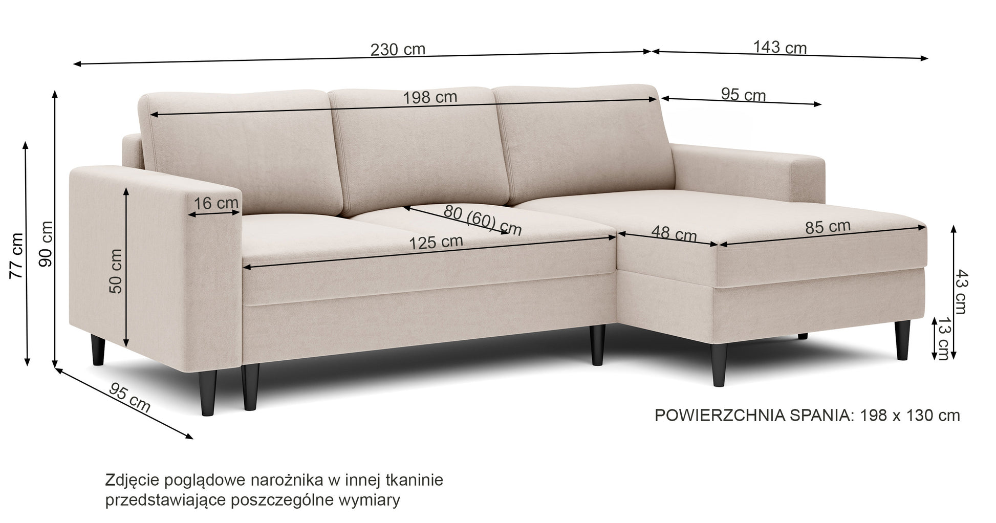 Rysunek wymiarowy - Narożnik Nalika kremowy welur hydrofobowy lewostronny: szerokość 230 cm, głębokość 143 cm, wysokość 77 cm