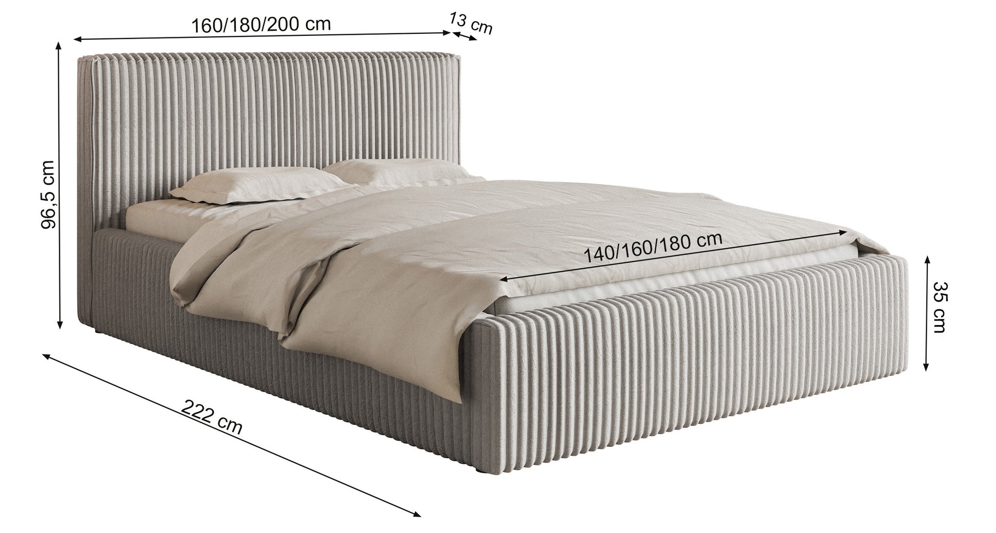 Rysunek wymiarowy - Łóżko tapicerowane Tilio 160x200 cm z pojemnikiem stelaż metalowy kremowe: szerokość 180 cm, długość 222 cm, wysokość 96,5 cm