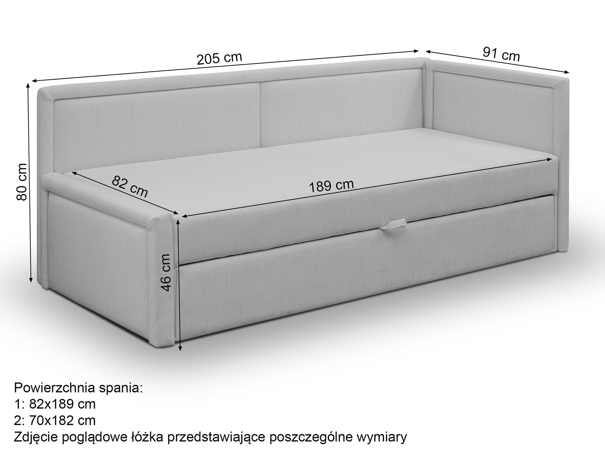 Rysunek wymiarowy - Łóżko wysuwane dwuosobowe Caprili granatowe plecionka uniwersalne: szerokość 91 cm, długość 205 cm, wysokość 80 cm