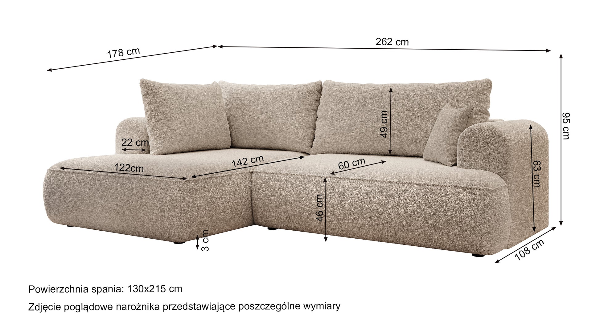 Rysunek wymiarowy - Narożnik Ovo L-kształtny z boczkiem i pojemnikiem kremowy boucle lewostronny: szerokość 262 cm, głębokość 178 cm, wysokość 95 cm