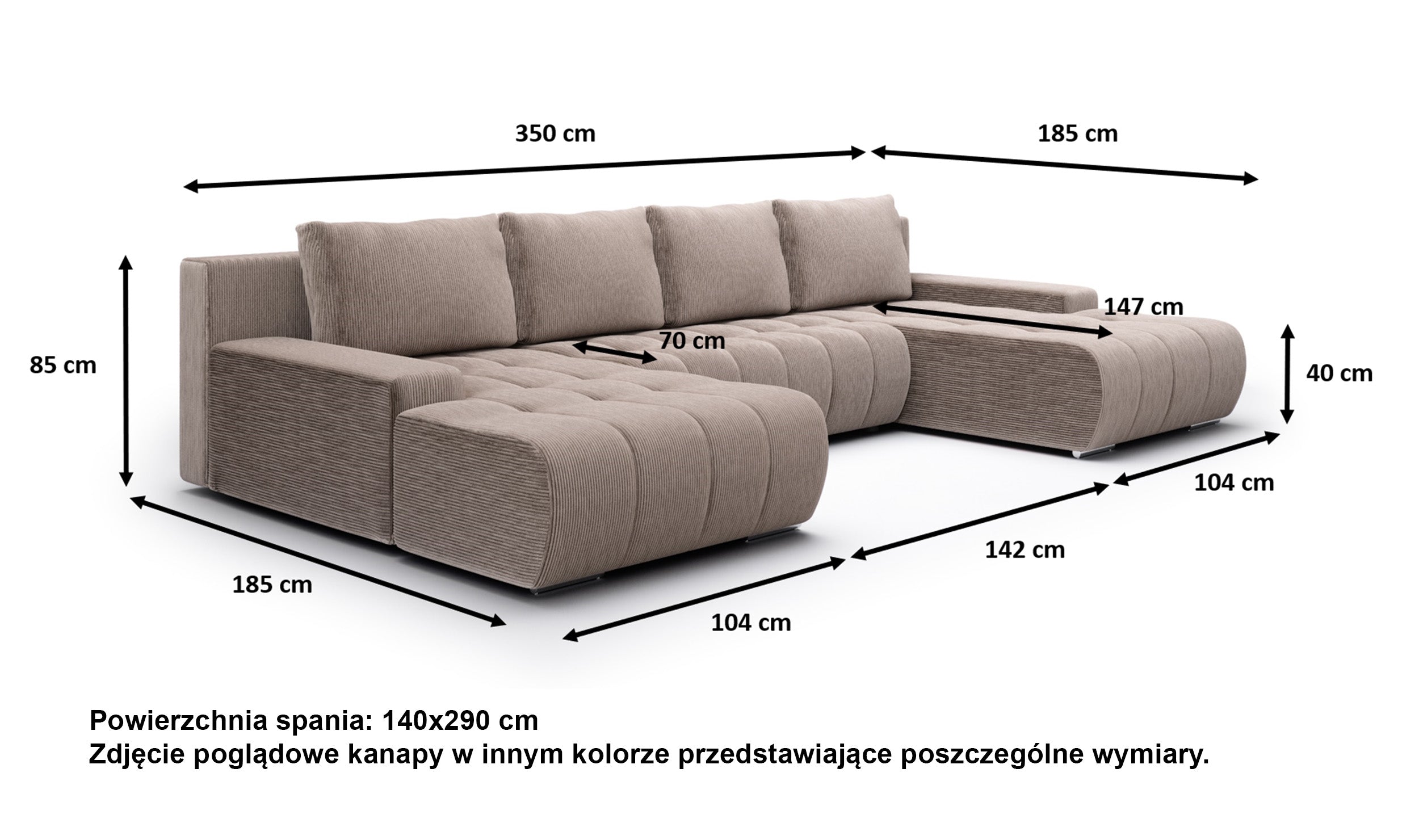 Rysunek wymiarowy - Narożnik Magliano U-kształtny jasnoszary sztruks: szerokość 350 cm, głębokość 185 cm, wysokość 85 cm
