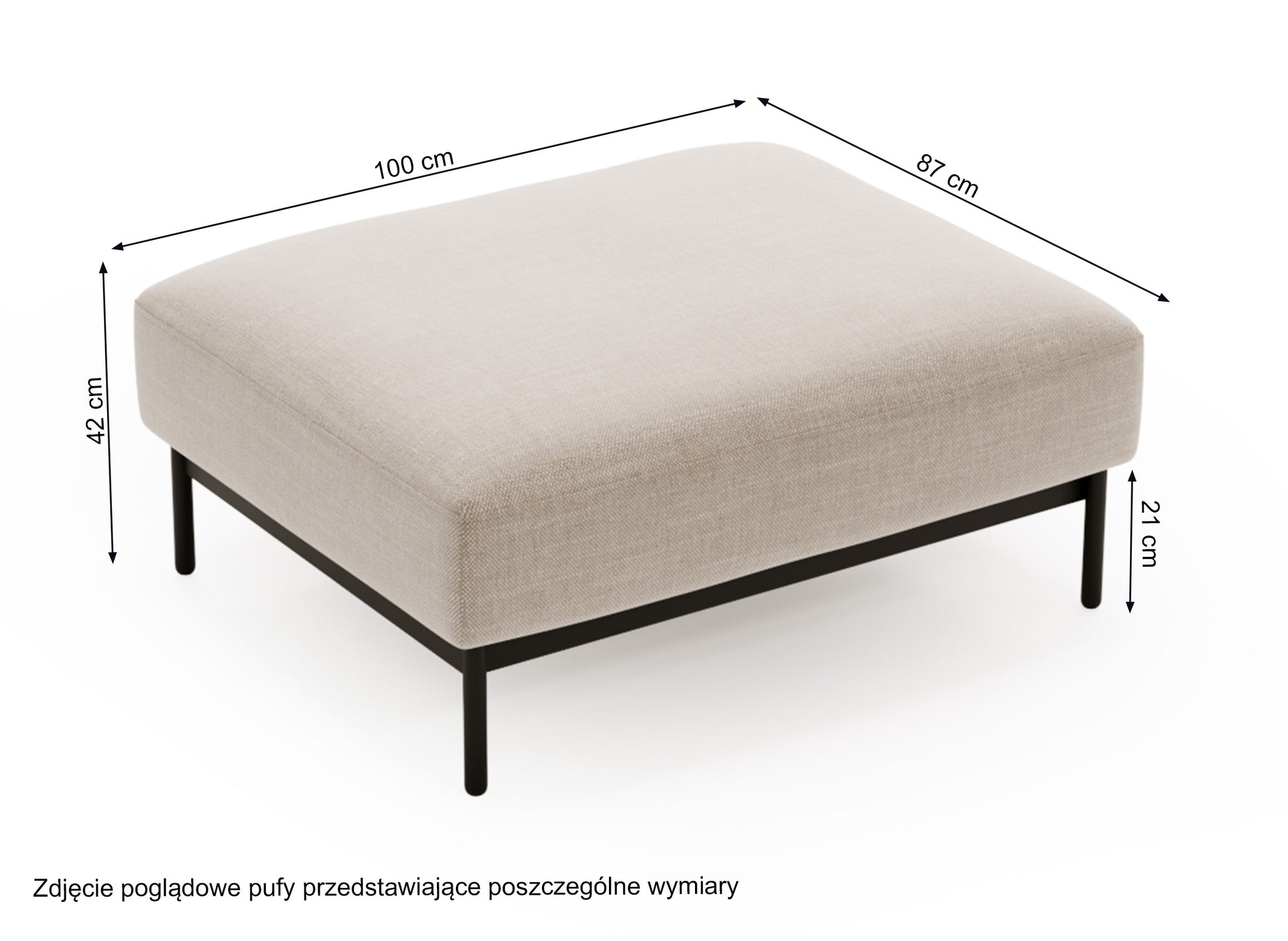 Rysunek wymiarowy - Pufa Solianero kremowa: szerokość 100 cm, głębokość 87 cm, wysokość 42 cm