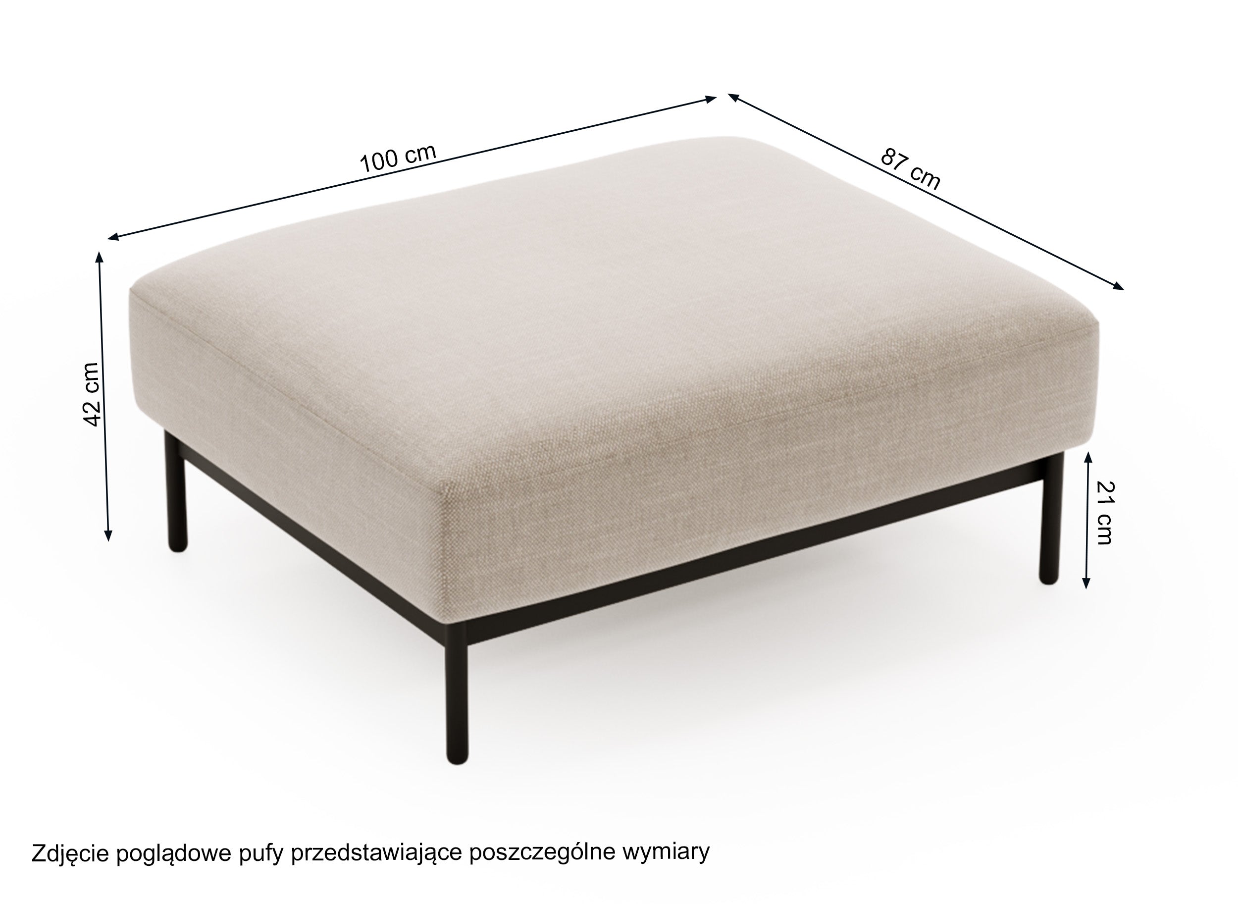 Rysunek wymiarowy - Pufa Solianero beżowa: szerokość 100 cm, głębokość 87 cm, wysokość 42 cm