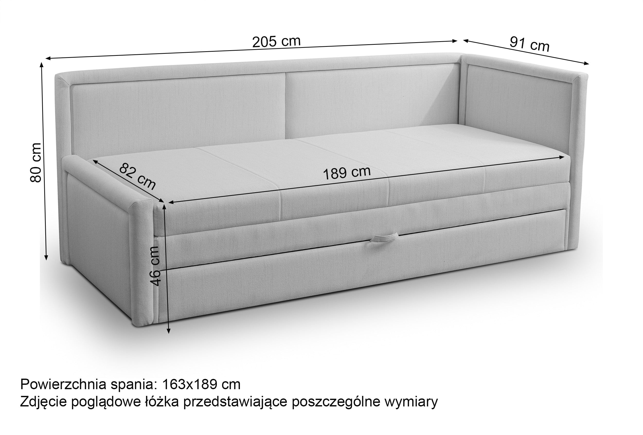 Rysunek wymiarowy - Łóżko młodzieżowe Caprili z pojemnikiem jasnoszare