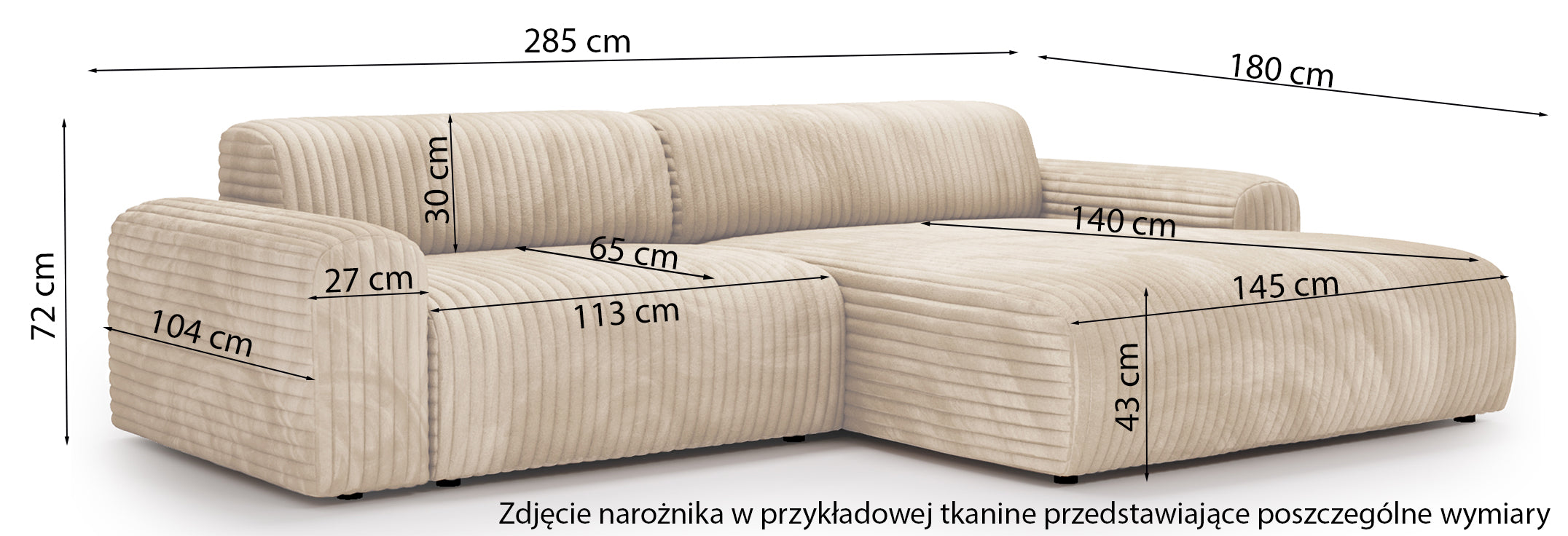 Rysunek wymiarowy - Narożnik Bervel kremowy pluszowy sztruks lewostronny: szerokość 285 cm, głębokość 180 cm, wysokość 72 cm