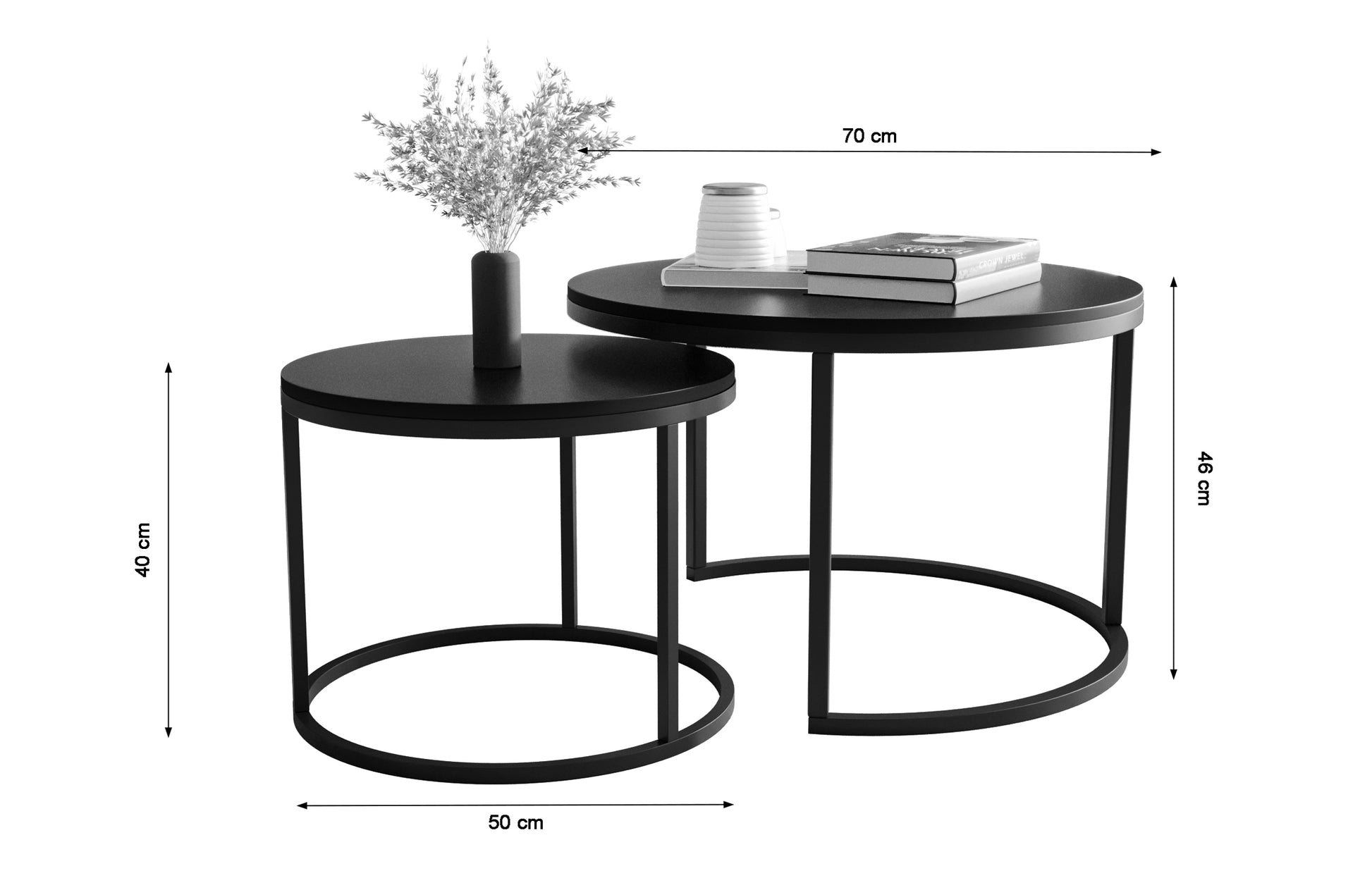 Rysunek wymiarowy - Zestaw dwóch stolików kawowych Sabello okrągłe 70 i 50 cm czarny mat: szerokość 70 cm, głębokość 70 cm, wysokość 46 cm