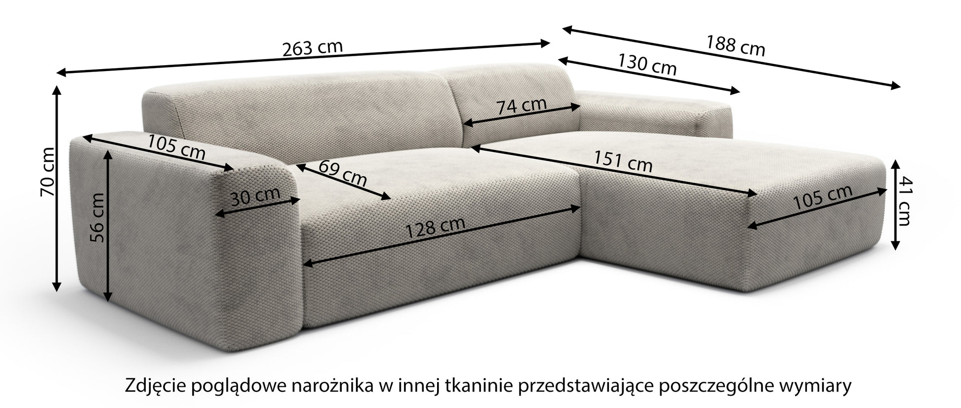 Rysunek wymiarowy - Narożnik z funkcją spania Terrafino L-kształtny granatowy w tkaninie hydrofobowej prawostronny: szerokość 263 cm, głębokość 188 cm, wysokość 70 cm