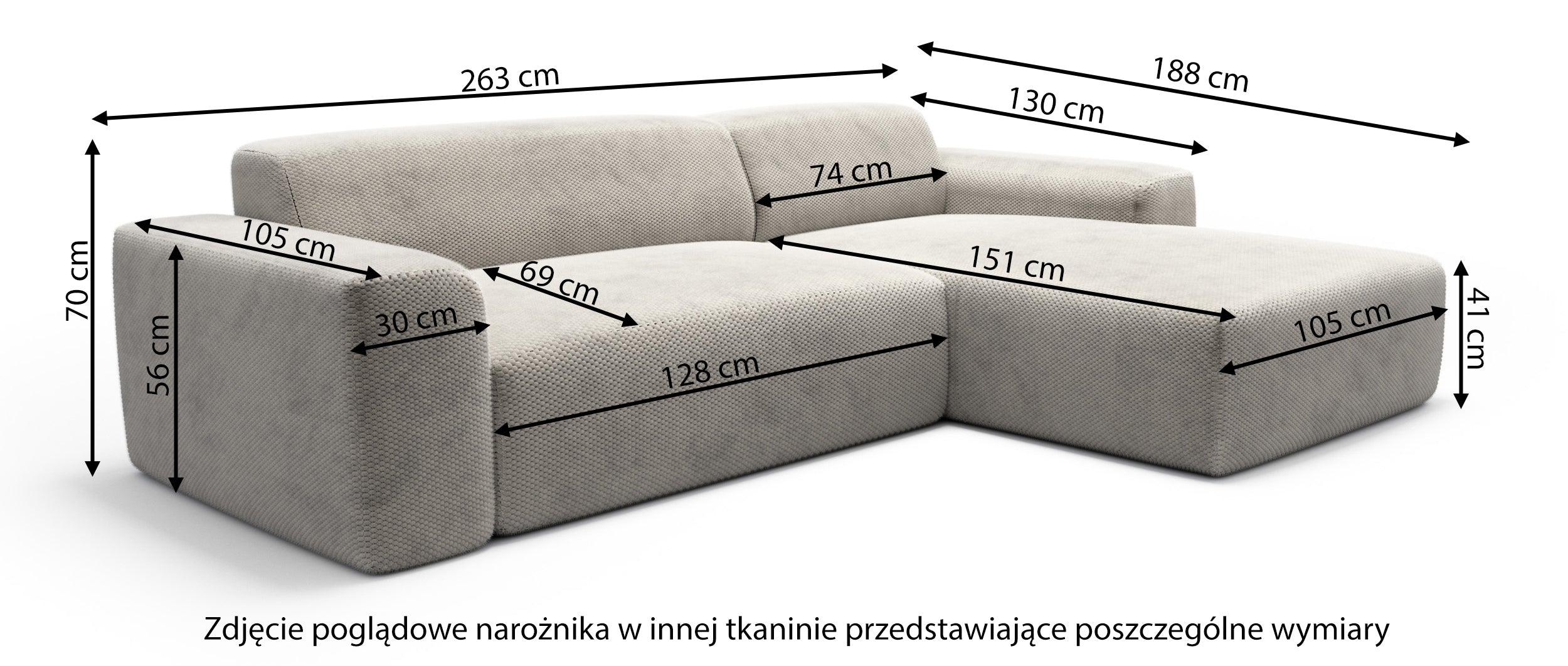 Rysunek wymiarowy - Narożnik z funkcją spania Terrafino L-kształtny granatowy w tkaninie hydrofobowej prawostronny: szerokość 263 cm, głębokość 188 cm, wysokość 70 cm