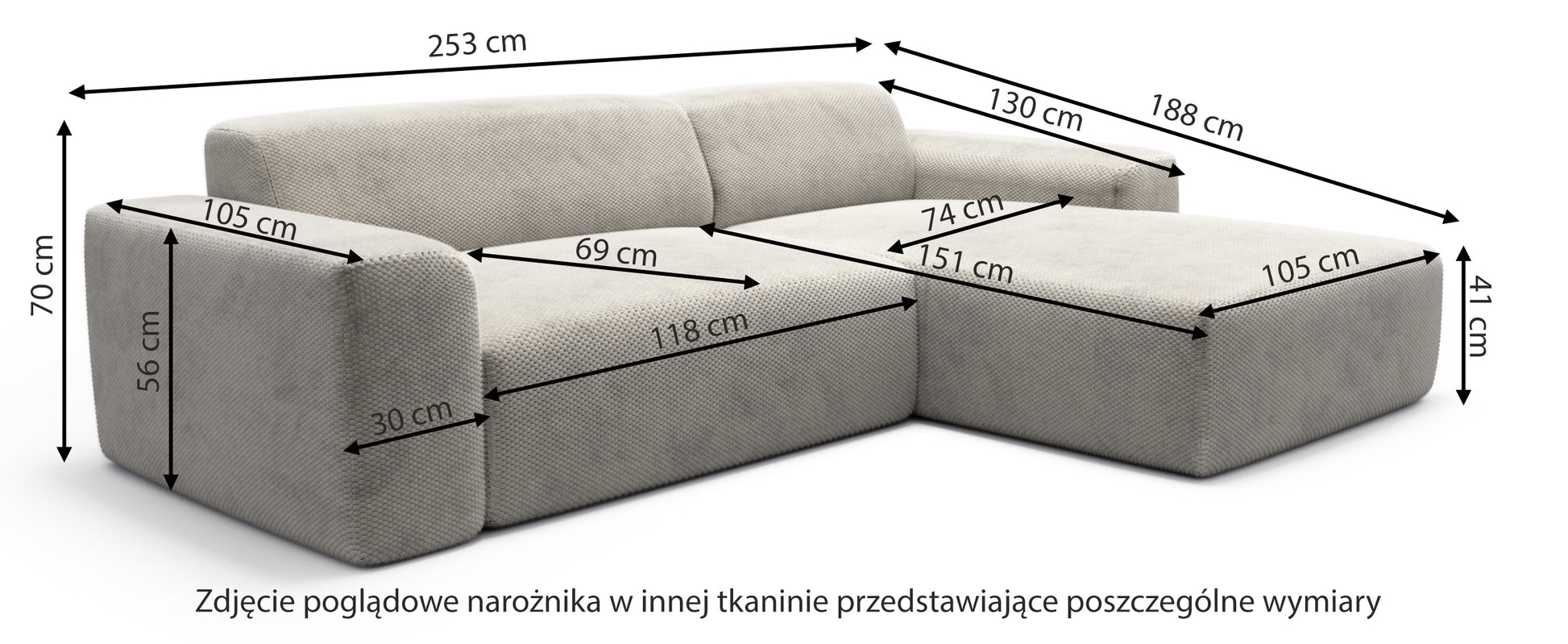 Rysunek wymiarowy - Narożnik modułowy Terrafino L-kształtny beżowy w tkaninie hydrofobowej prawostronny: szerokość 253 cm, głębokość 188 cm, wysokość 70 cm