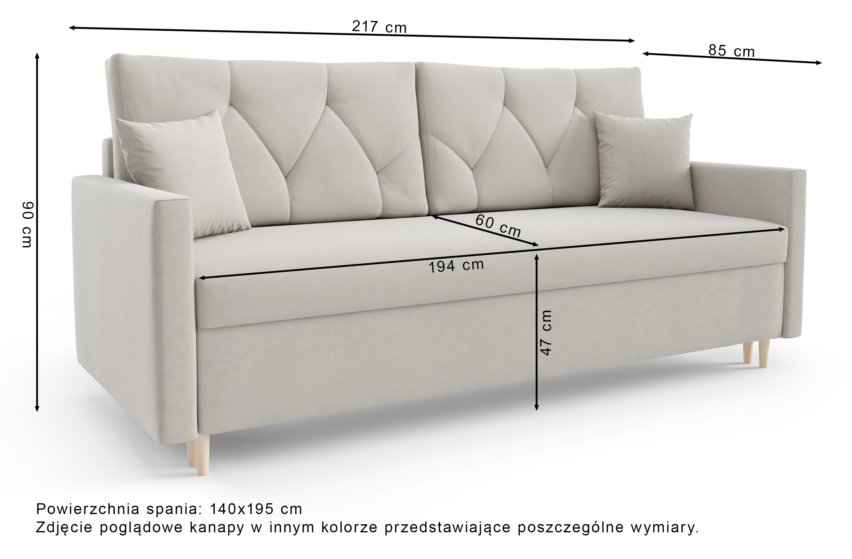 Rysunek wymiarowy - Kanapa rozkładana Zorra granatowa: szerokość 217 cm, głębokość 85 cm, wysokość 90 cm