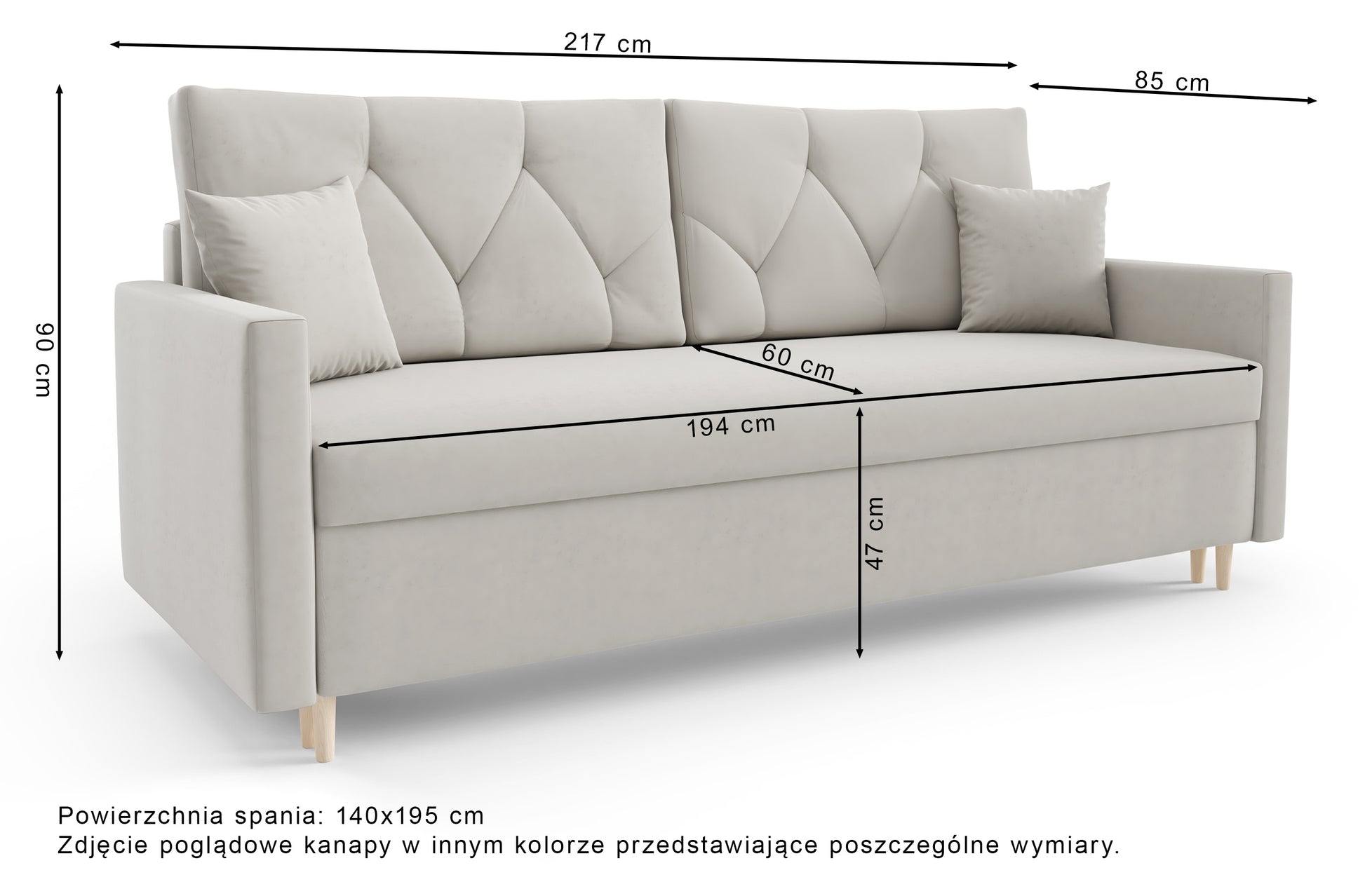 Rysunek wymiarowy - Kanapa rozkładana Zorra jasnoszara: szerokość 217 cm, głębokość 85 cm, wysokość 90 cm